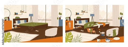 Dirty and clean room in modern style before and after cleaning. Cleaning result. Cleaning service concept. Flat cartoon vector inhouse illustration.