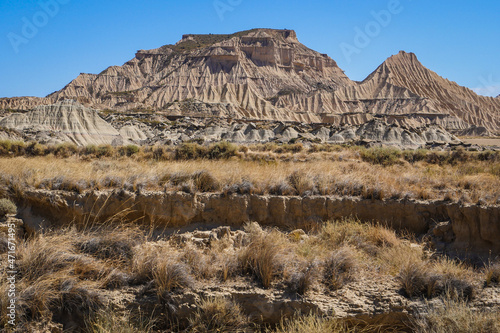 Spain, Navarre, Arguedas, Bardenas Reales desert, natural park classified as Biosphere Reserve by UNESCO, Castil de Tierra, the emblematic fairy chimney