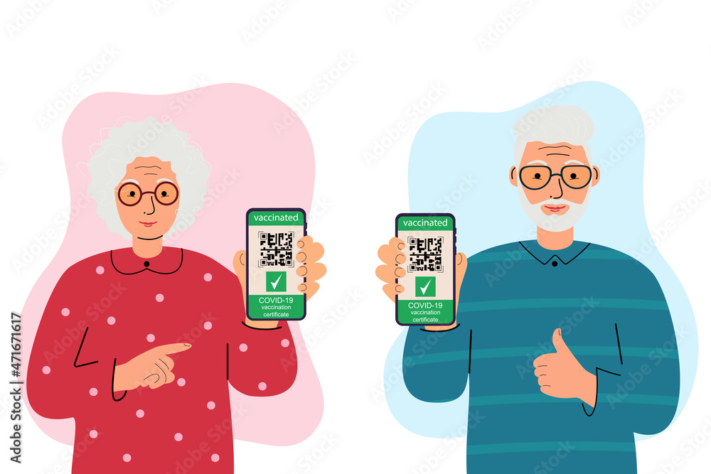 Senior man and woman holding smartphone with QR code of Covid-19 coronavirus vaccine on screen. Elderly health. Digital sanitary pass, vaccine passport. Isolated vector illustration.