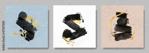 Vector illustration. Abstract contemporary aesthetic backgrounds. Design for social media template, web banner. Room wall decor. Black watercolor paints with golden splash. Modern art graphic. 