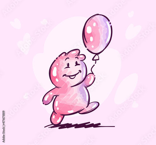 Funny happy smiling character walking with air balloon for birthday holiday. Pink greeting card hand drawn. Eps10 vector illustration.