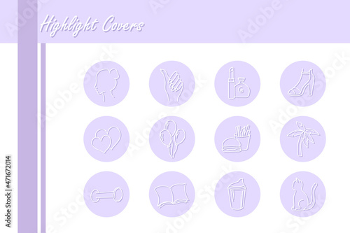 Set of vector icons for highlight covers for female's blog on purple background