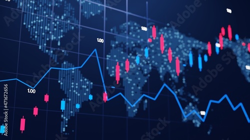 Stock market and financial data chart. Digital marketing concept visualization. Financial statistical analysis on dark background with financial charts. Stock analyzing. 3D illustration