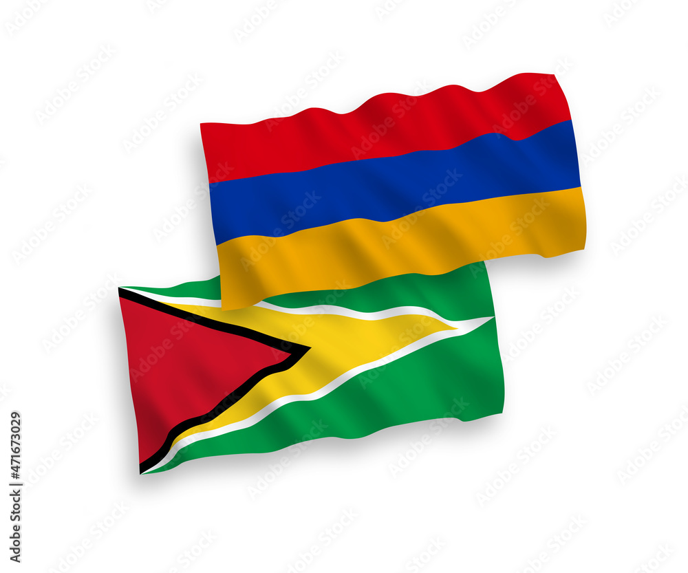 National vector fabric wave flags of Co-operative Republic of Guyana and Armenia isolated on white background. 1 to 2 proportion. National vector fabric wave flags of Co-operative Republic of Guyana and Armenia isolated on white background. 1 to 2 proportion.