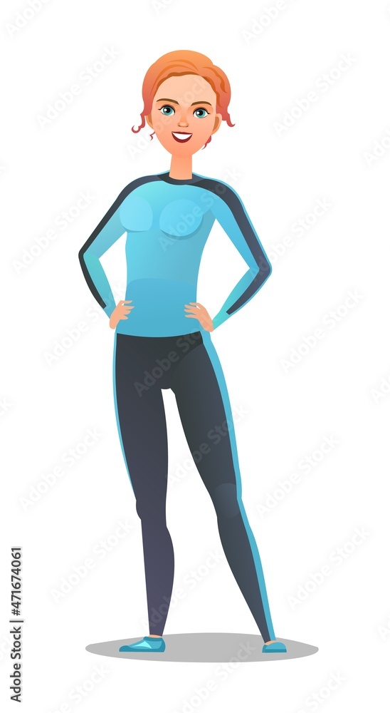 Woman in tracksuit. Girl got ready for sports activities. Cheerful person. Standing pose. Cartoon comic style flat design. Single character. Illustration isolated on white background. Vector