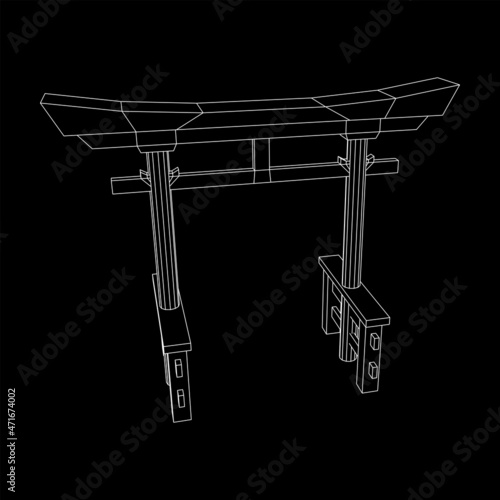 Torii sacred traditional gate. Symbol of Japan,shintoism religion. Japanese Tori arch ancient entrance. Wireframe low poly mesh vector illustration