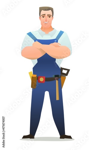 Man in overalls. Service guy. Handyman, locksmith or repairman. Cheerful person. Standing pose. Cartoon comic style flat design. Single character. Illustration isolated on white background. Vector © Ирина Мордвинкина