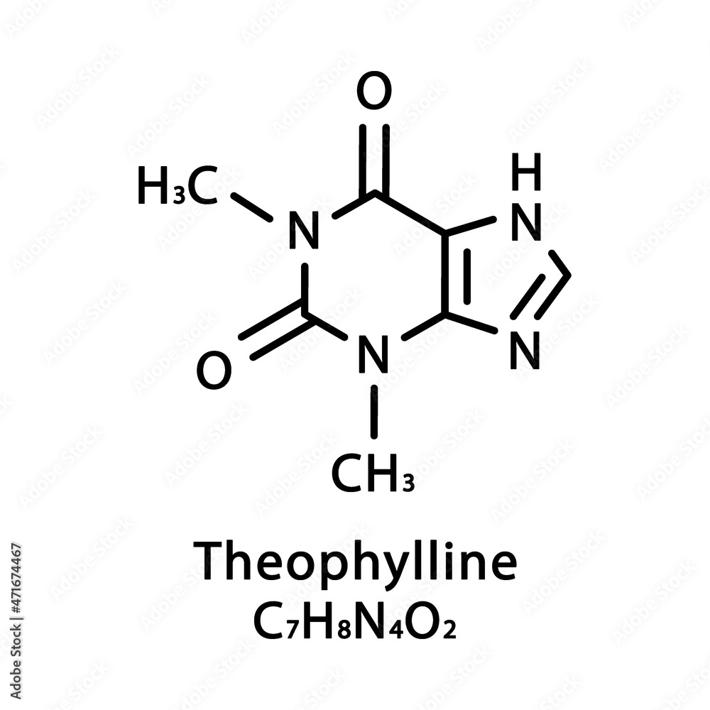 Theophylline molecular structure. Theophylline skeletal chemical formula. Chemical molecular formula vector illustration Theophylline molecular structure. Theophylline skeletal chemical formula. Chemical molecular formula vector illustration