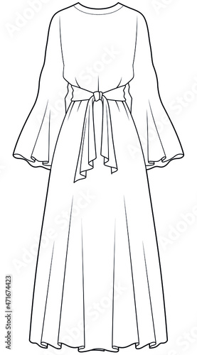 womens bell sleeve crew neck self belt maxi dress fashion flat sketch vector illustration. CAD mockup.