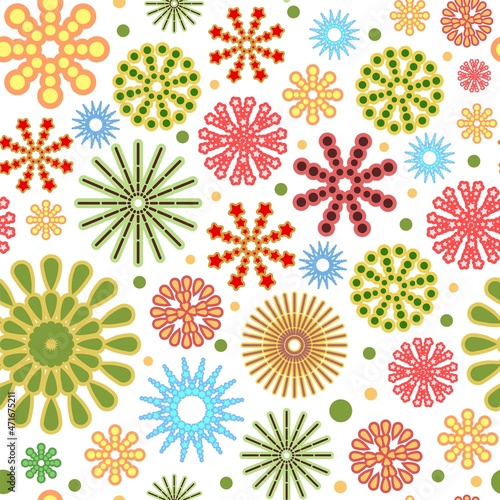 Festive background. Square Seamless pattern. Bright flashes of fireworks in a symbolic style. Petard and squib. Flat design. Cartoon style. Vector