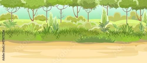 Road at the edge of the forest. Herbaceous green thickets and bushes. Beautiful and graceful landscape. Flat style. Cartoon design. Vector