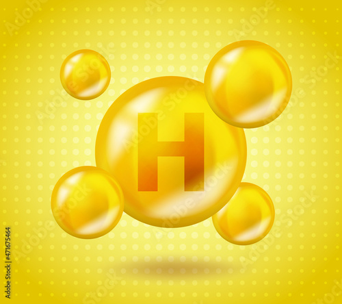 Realistic Vitamin H Biotin design. Yellow nutrition illustration concept. 3D Vitamin complex H Biotin design. Drop pill capsule.