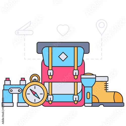 Hiking accessories illustration, editable vector