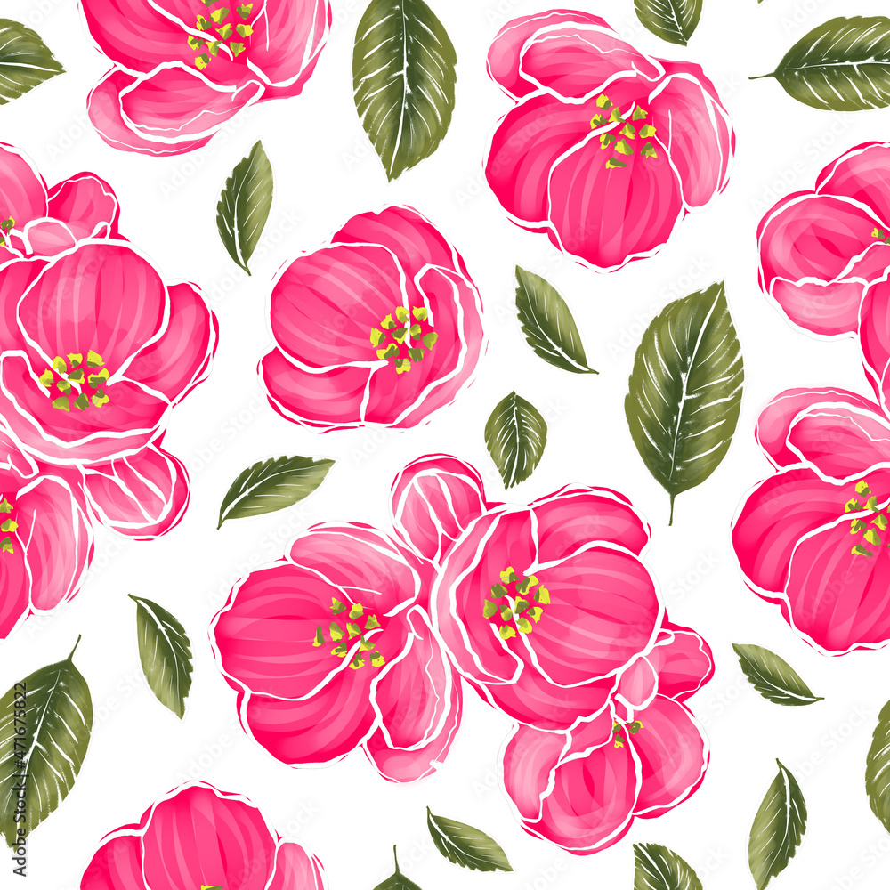 Cute pink flowers and green leaves on a white background. Seamless pattern. Digital painting.