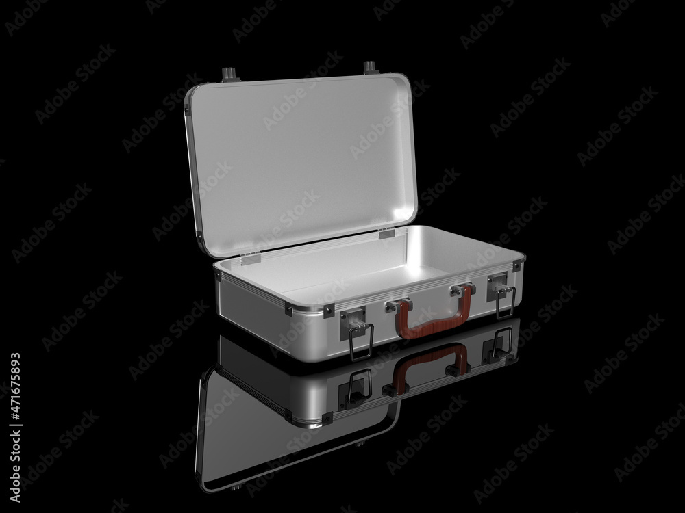 Obraz premium 3D render. Open aluminum case on black glossy background