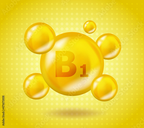 Realistic Vitamin B1 Thiamine design. Yellow nutrition illustration concept. 3D Vitamin complex B1 Thiamine design. Drop pill capsule.