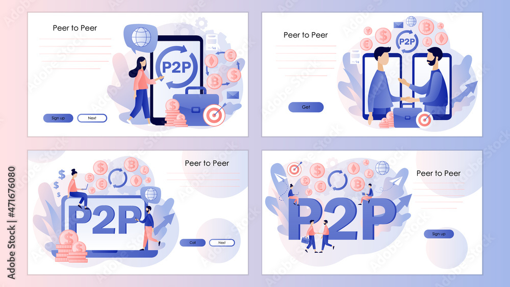 Fototapeta premium Peer-to-peer trading. P2P lending. Investment. Deposit. Tiny people invest e-money. Cryptocurrency Screen template for landing page, template, ui, web, mobile app, poster, banner, flyer. Vector 