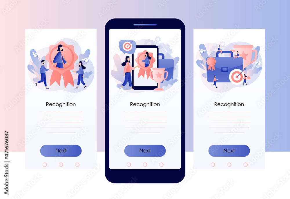 HR recognition concept. Best employee and specialist with great reputation. Tiny people professional. Business success. Screen template for mobile, smartphone app. Modern flat cartoon style. Vector