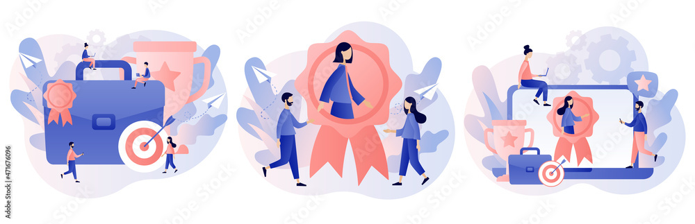 HR recognition concept. Best employee and specialist with great reputation. Tiny people professional. Business success. Modern flat cartoon style. Vector illustration on white background HR recognition concept. Best employee and specialist with great reputation. Tiny people professional. Business success. Modern flat cartoon style. Vector illustration on white background