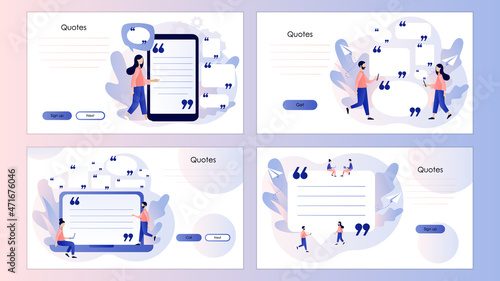 Quote box and speech bubble. Texting quote boxes. Tiny characters quoted text great and famous people. Screen template for landing page, template, ui, web, mobile app, poster, banner, flyer. Vector 