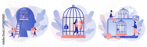 Freedom concept. Mind prison psychological. Inner prison. Tiny people step out of cage. Сomfort zone metaphor. Personal development. Modern flat cartoon style. Vector illustration on white background
