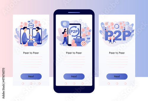 Peer-to-peer trading. P2P lending. Investment in loan. Deposit agreement. Tiny people invest e-money. Cryptocurrency. Screen template for mobile, smartphone app. Modern flat cartoon style. Vector 