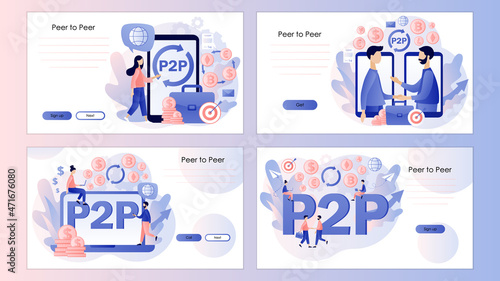 Peer-to-peer trading. P2P lending. Investment. Deposit. Tiny people invest e-money. Cryptocurrency Screen template for landing page, template, ui, web, mobile app, poster, banner, flyer. Vector 