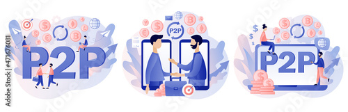 Peer-to-peer trading. P2P lending. Investment in loan. Deposit agreement. Tiny people invest e-money. Cryptocurrency. Modern flat cartoon style. Vector illustration on white background