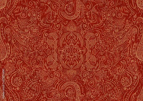 Hand-drawn unique abstract symmetrical seamless gold ornament on a bright red background. Paper texture. Digital artwork, A4. (pattern: p01a)