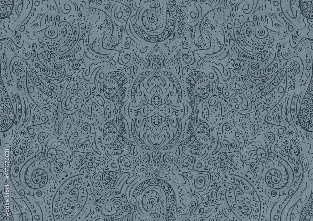 Hand-drawn unique abstract symmetrical seamless ornament. Dark blue on a light blue background. Paper texture. Digital artwork, A4. (pattern: p01a) Hand-drawn unique abstract symmetrical seamless ornament. Dark blue on a light blue background. Paper texture. Digital artwork, A4. (pattern: p01a)
