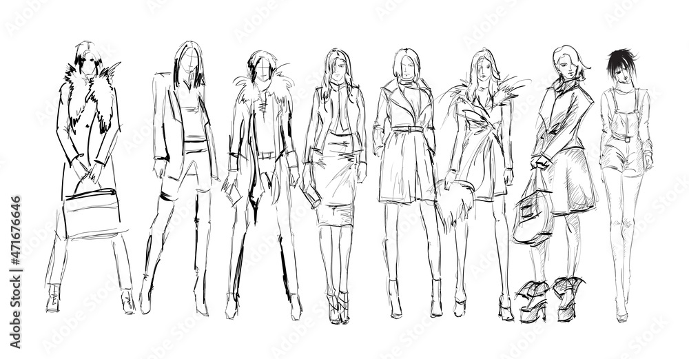 Set of young beautiful women in stylish clothes. Sale concept. Hand-drawn fashion illustration. Fashion sketch. Set of young beautiful women in stylish clothes. Sale concept. Hand-drawn fashion illustration. Fashion sketch.