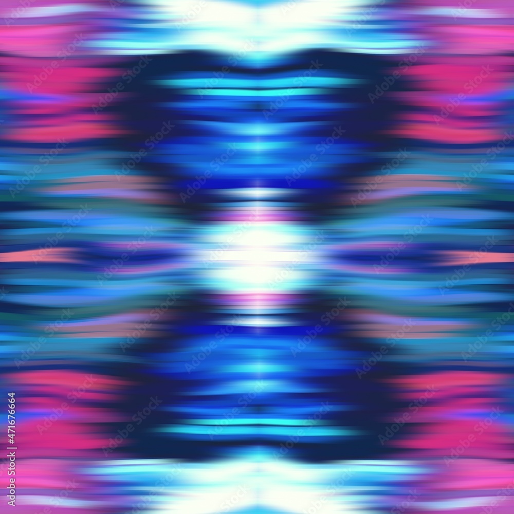 Optical tie dye kaleidoscope blur texture background. Seamless washed out symmetry ombre effect. 80s style retro geometric mirror pattern. High resolution funky beach wear fashion textile
