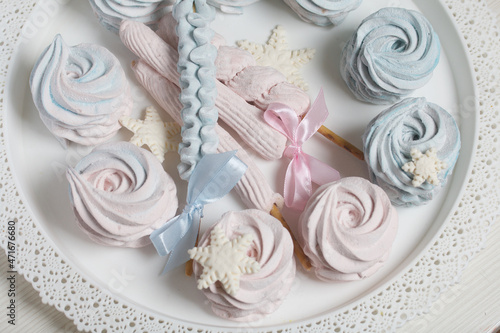 Wallpaper Mural Marshmallow blue and pink. zephyr on a stick. Decorated with mastic snowflakes. Torontodigital.ca