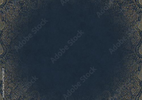 Deep blue textured paper with vignette of golden hand-drawn pattern. Copy space. Digital artwork, A4. (pattern: p01b)