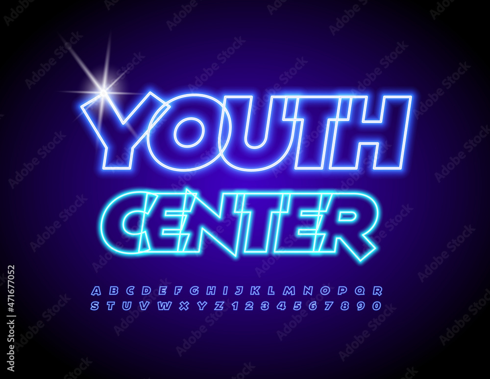 Vector bright Emblem Youth Center. Modern Glowing Font. Neon Alphabet Letters and Numbers set Vector bright Emblem Youth Center. Modern Glowing Font. Neon Alphabet Letters and Numbers set