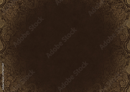 Dark brown textured paper with vignette of golden hand-drawn pattern. Copy space. Digital artwork, A4. (pattern: p01b)