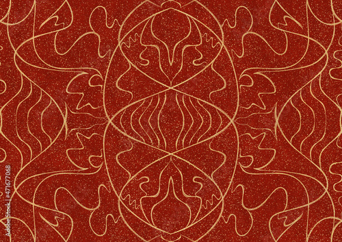 Hand-drawn unique abstract symmetrical seamless gold ornament with splatters of golden glitter on a bright red background. Paper texture. Digital artwork, A4. (pattern: p02-1a)