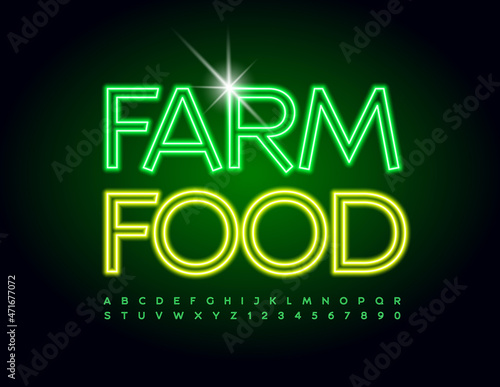 Vector quality badge Farm Food. Green Neon Font. Glowing light set of Alphabet Letters and Numbers