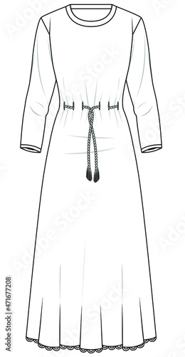 women long sleeve round neck self belt maxi dress vector illustration isolated on white background. CAD mockup
