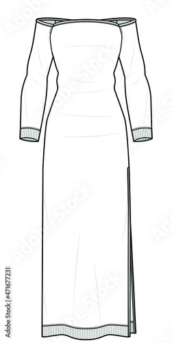 women long sleeve off shoulder maxi dress with one side slit open vector illustration isolated on white background. CAD mockup