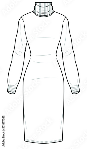 women bandage dress long sleeve knee length polo neck bandage sweater dress vector sketch illustration isolated on white background
