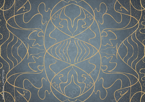 Wallpaper Mural Hand-drawn unique abstract gold ornament on a light blue background, with vignette of darker backgound color and golden glittery sparks. Paper texture. Digital artwork, A4. (pattern: p02-1a) Torontodigital.ca