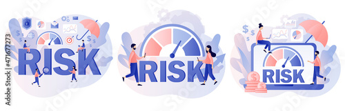 Risk management. Risk assessment. Risk levels knob. Business concept. Tiny people review, evaluate, analysis risk. Modern flat cartoon style. Vector illustration on white background