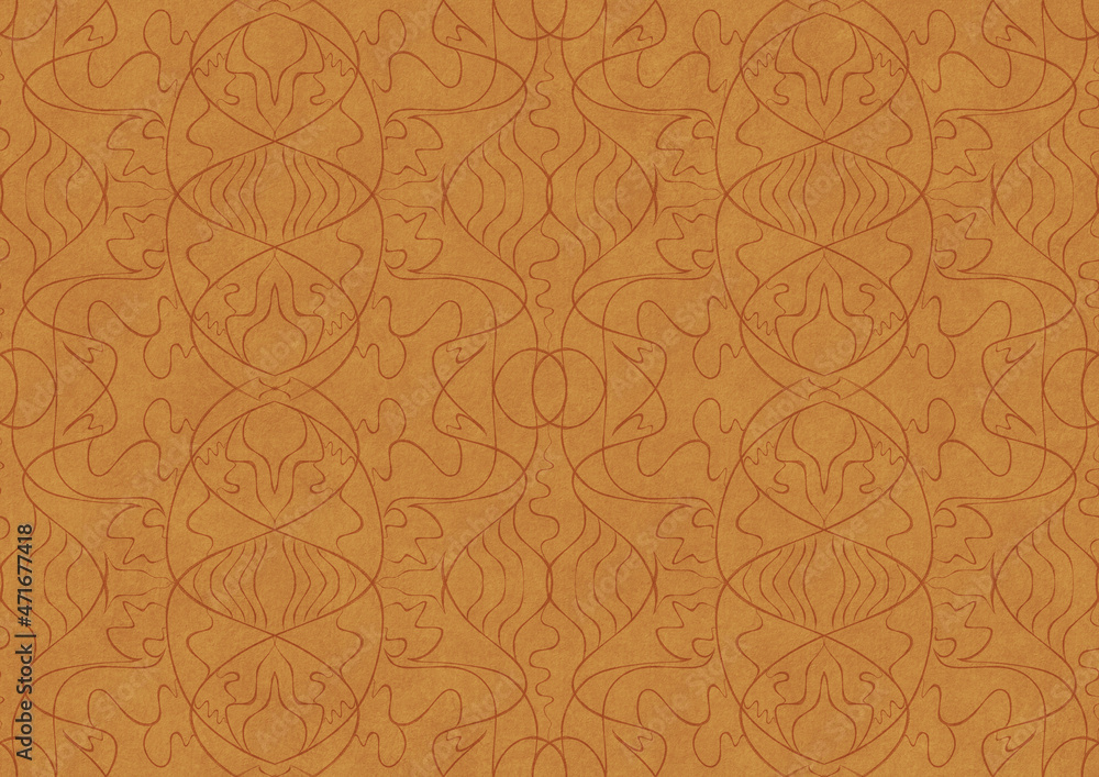 Hand-drawn unique abstract symmetrical seamless ornament. Light red on a yellow background. Paper texture. Digital artwork, A4. (pattern: p02-1b) Hand-drawn unique abstract symmetrical seamless ornament. Light red on a yellow background. Paper texture. Digital artwork, A4. (pattern: p02-1b)