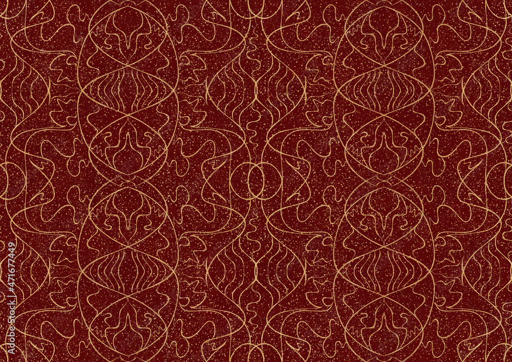 Hand-drawn unique abstract symmetrical seamless gold ornament with splatters of golden glitter on a deep red background. Paper texture. Digital artwork, A4. (pattern: p02-1b)