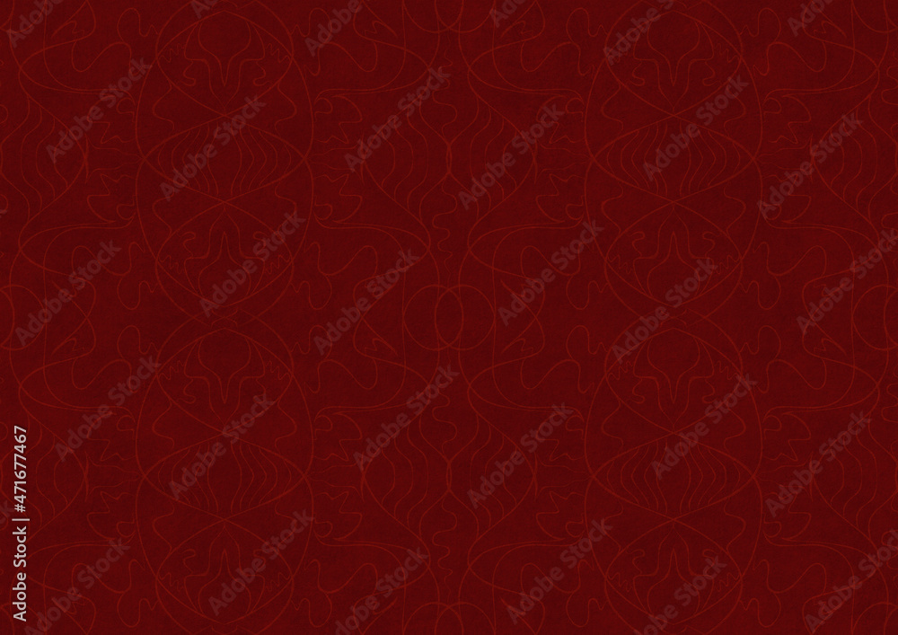 Hand-drawn unique abstract symmetrical seamless ornament. Light semi transparent red on a deep red background. Paper texture. Digital artwork, A4. (pattern: p02-1b)