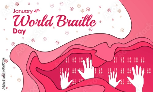 World Braille Day Background. January 4. Premium and luxury greeting card, letter, poster, or banner on pink color. With a hand, heart, and love sign icon vector