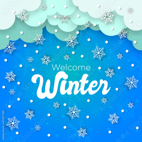 Illustration vector graphic of Welcome Winter Background with snowflakes, and sky pepercut style.