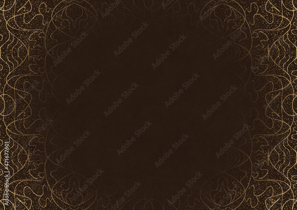 Dark brown textured paper with vignette of golden hand-drawn pattern and splatters of golden glitter. Copy space. Digital artwork, A4. (pattern: p02-1b)