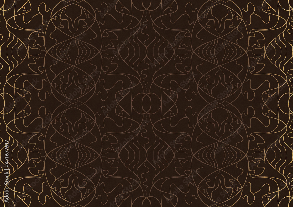 Hand-drawn unique abstract ornament. Light semi transparent brown on a dark brown background, with vignette of same pattern in golden glitter. Paper texture. Digital artwork, A4. (pattern: p02-1b)